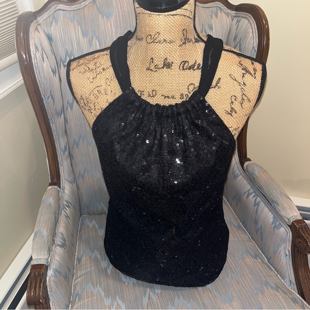 Tahari Dressy Black Sequin Halter top,sheer chiffon mesh straps keyhole tie back - Picture 4 of 11